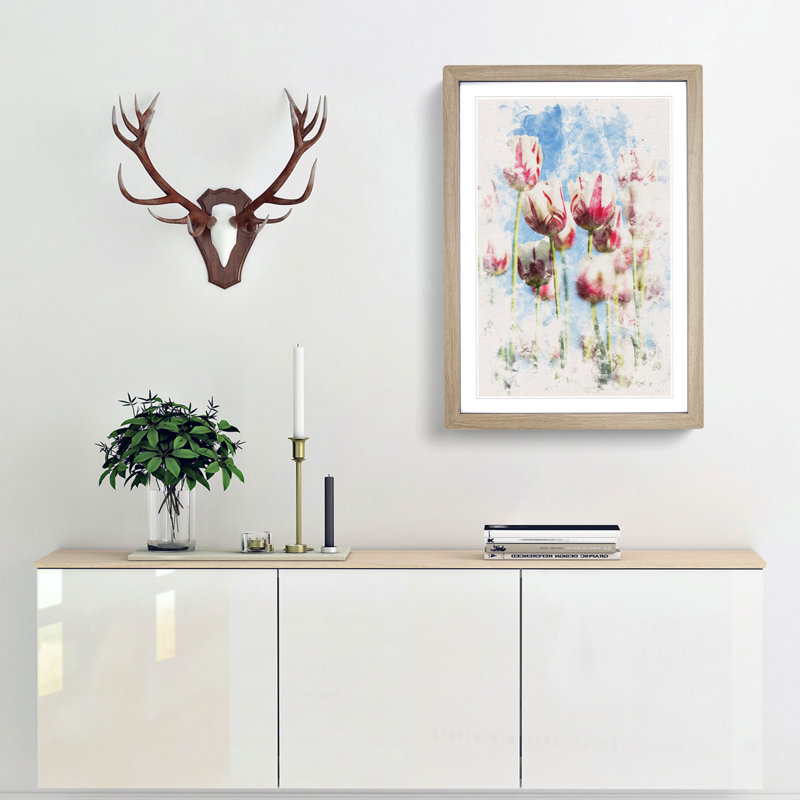 Pink & White Tulip Flowers - Picture Frame Painting Print, 87cm H x 62cm W x 2cm D, Oak Framed