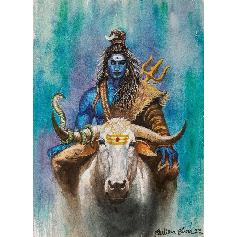 Divine Darshan de Shiva sur Nandi, peinture à l'aquarelle sur papier - Art spirituel indien contemporain de 15 po x 11 po par Sudipta Sana