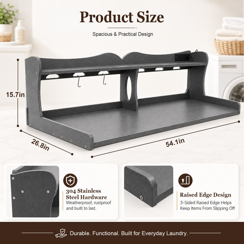 Plan de travail étanche en PEHD de 137 cm (54 po) pour laveuse et sécheuse, avec tablette de rangement à 2 niveaux, prises de courant intégrées et éclairage LED.
