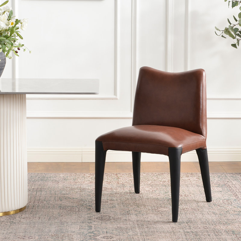 Chaise de salle à manger rembourrée en cuir véritable 21 po de large moderne sans assemblage (ensemble de 2), 2, Brun