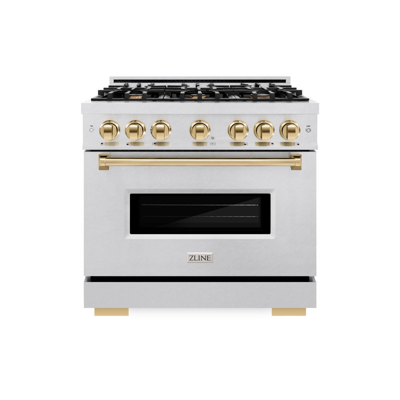 ZLINE Autograph Edition 36 in. 5.2 cu. ft. Classic Dual Fuel Range with 6 Burner Gas Cooktop and Electric Convection Oven in Satin Stainless Steel with Accents