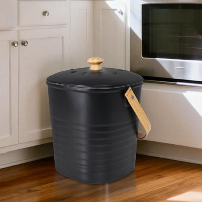 Black Kitchen Countertop Compost Bin with Bamboo Handle & Odor‑Absorbing Filter, Ventilated Indoor Food Waste Composter