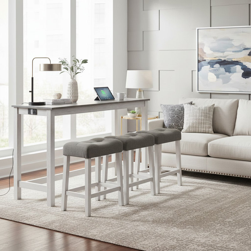 4-Piece Bar Table Set with Outlet & 3 Stools, Stylish Dining Table & Chairs, Gray&White