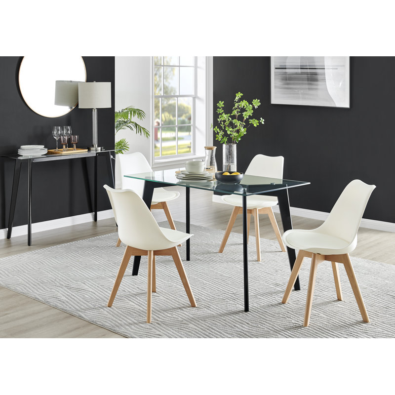 Scandinavian Minimalist Style Glass and Metal Leg Person Dining Set - Table and Chairs, White, Black