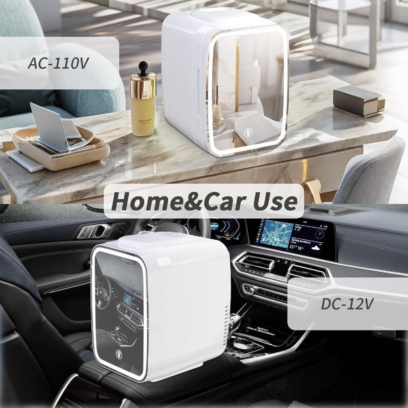 Compact Skincare Fridge With LED Mirror For Desk Organization And Beauty Routine Enhancement, Offering Convenient Cold And Warm Storage For Makeup, Skincare, And Small Food Items.