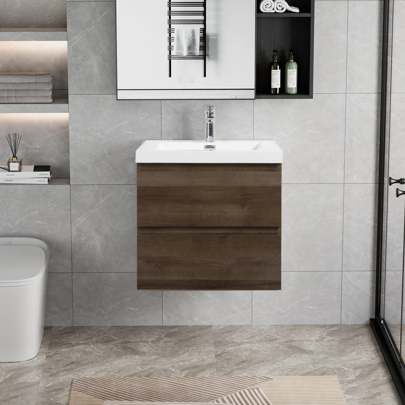 Meuble-lavabo mural 24 po avec lavabo à surface solide et tiroirs à fermeture en douceur entièrement assemblés, Gris, Blanc