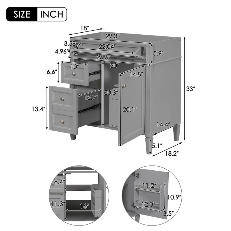 Armoire de rangement moderne avec 2 tiroirs et un tiroir basculant, Gris