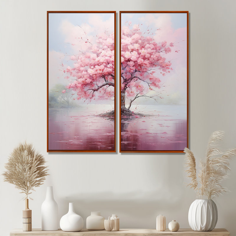 «Pink Cherry Blossom Romantic Impression III», art mural sur toile traditionnel rose, H 40 po x l 40 po, Brun
