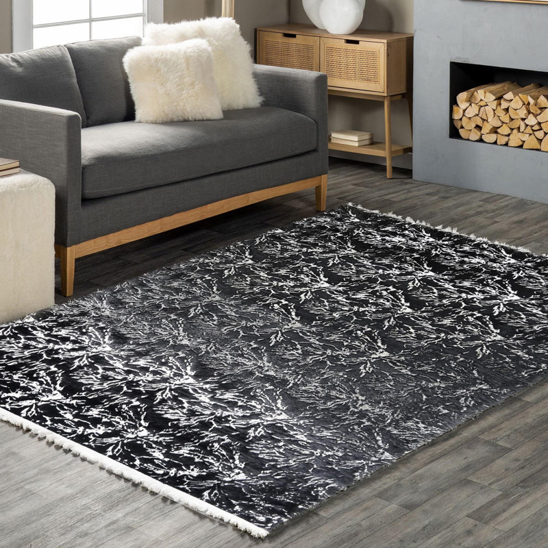 Tapis noir à motif floral argenté, Rectangle 4' x 6'