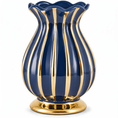 Ceramic Ribbed Table Vase with Scalloped Rim