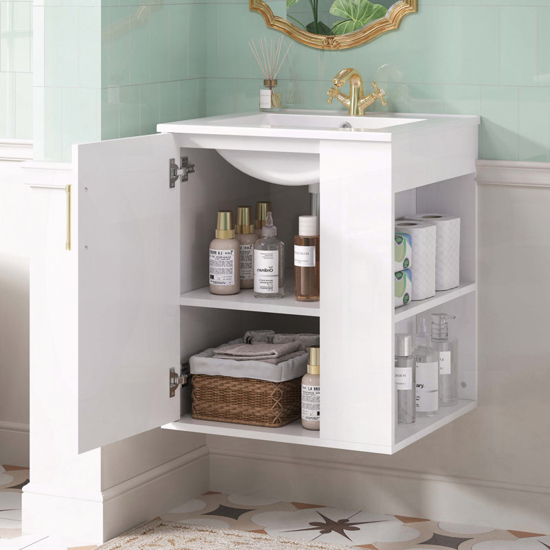 Armoire de salle de bain murale 20 po avec lavabo en céramique et tablettes latérales