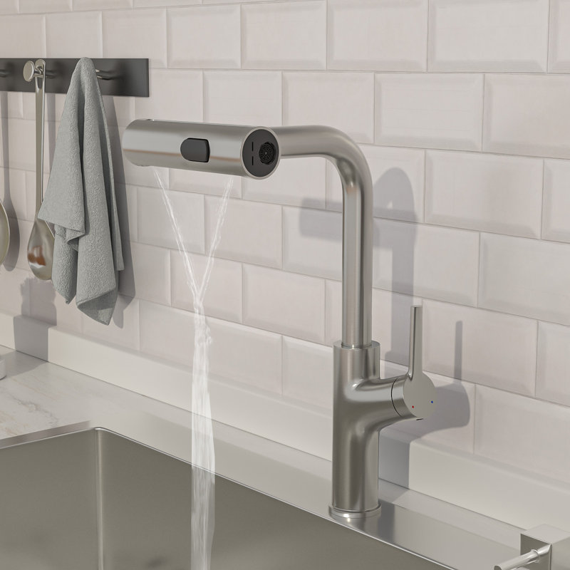 Robinets de cuisine avec douchette rétractable pour robinet de cuisine en acier inoxydable à 4 fonctions, Nickel brossé