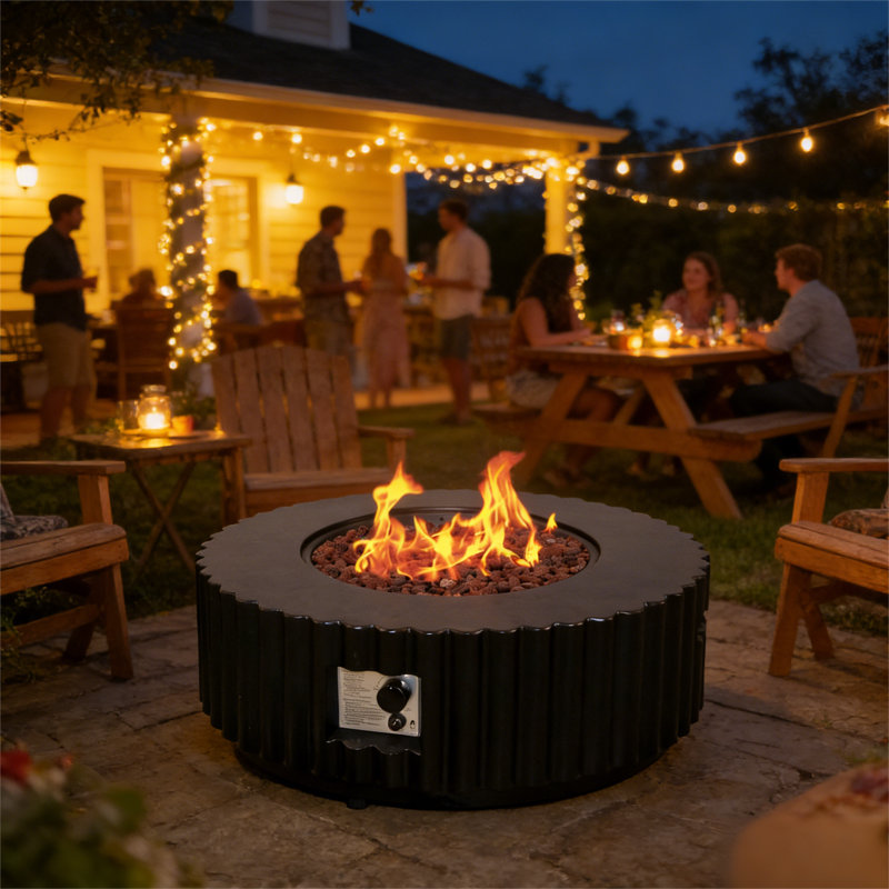  36'' Round Propane Fire Pit Table,50000 BTU Outdoor Fire Pit with Steel lid,Black, Black