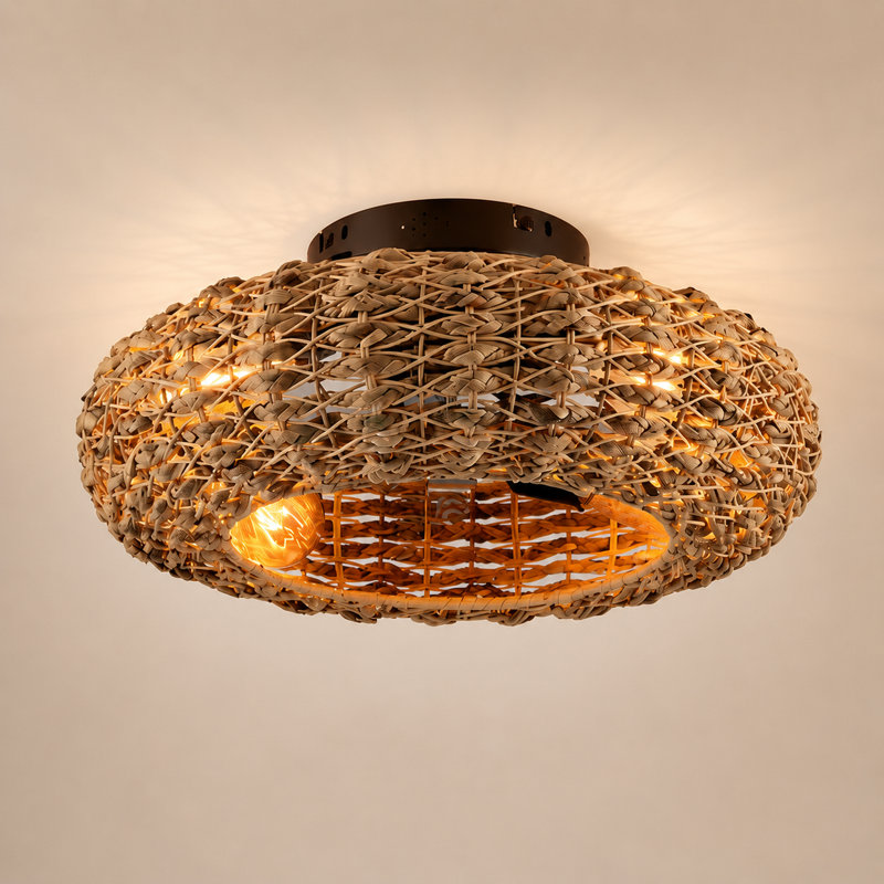 20" Rattan-Inspired Flush Mount Ceiling Fan with Remote Control for Boho and Coastal Interiors