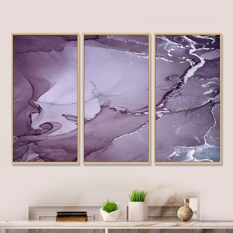 Encre de marbre mauve et grise mauve - impression sur toile flottante 3 pièces, H 32 po x l 48 po x P 1 po, Cadre brun