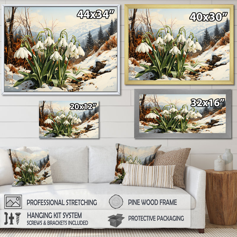 Impression sur toile Mountain Snowdrops Charm In Winter II - Snowdrops, H 24 po x l 32 po x P 1 po, Cadre flottant blanc