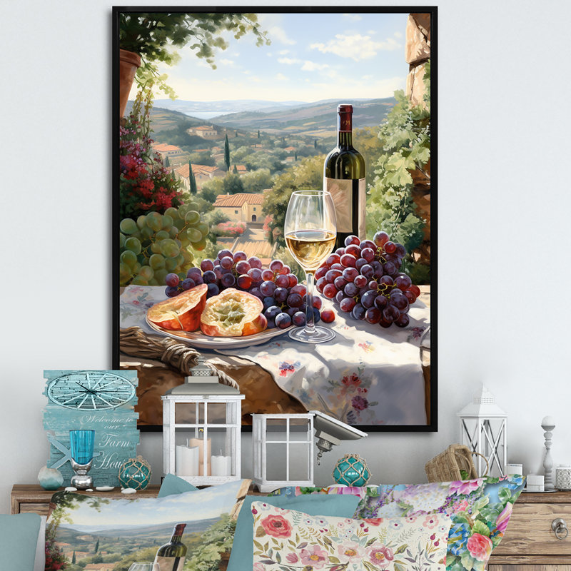 " Vineyard Romantic Charm Landscape I ", 44" H x 34" W x 1.5" D, Black Floater Framed