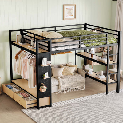 Grand cadre de lit mezzanine avec garde-robe, lit mezzanine en métal avec tablettes de rangement et panneau perforé, noir