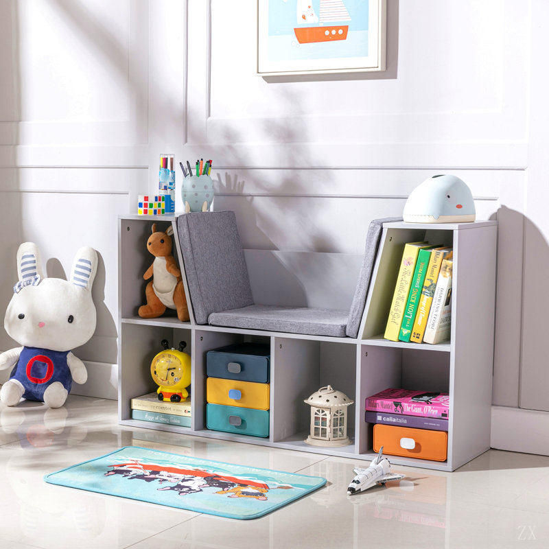 Bibliothèque à 6 compartiments avec coin lecture et coussin, rangement polyvalent pour chambre à coucher, salon, Grey