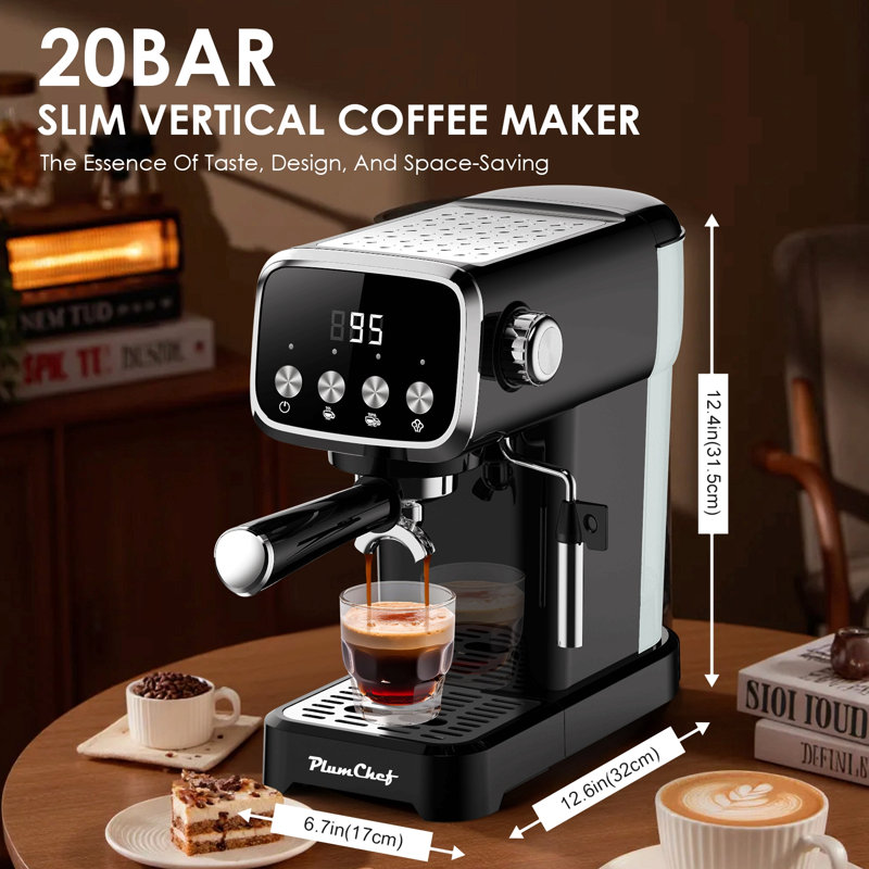 20Bar Slim Vertical Espresso Machine With Milk Frother, Built-In Cup Warmer, 43 Oz Detachable Tank, For Rich Espresso, Americano, Latte, Compact Space-Saving Design, Screen Button,Black