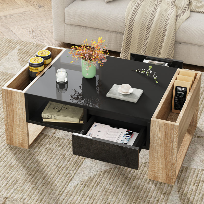 Table basse très brillante avec 2 tiroirs, table basse rectangulaire avec tablette de rangement ouverte pour le salon