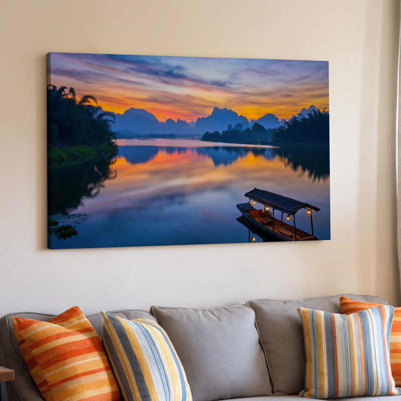 Toile, "Un paysage serein au coucher du soleil avec un lac tranquille reflétant", H 11 po x l 14 po