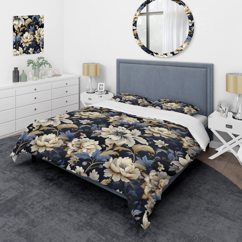 Ensemble de housse de couette en microfibre beige et bleu Dahlia Retreat I, Housse de couette pour grand lit et 2 taies décor