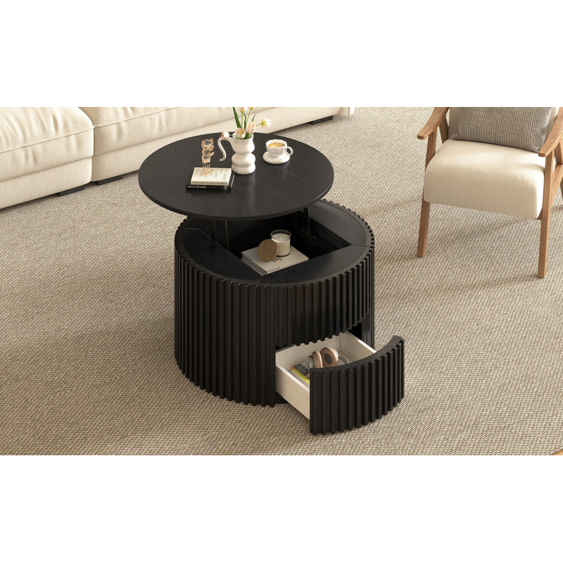 Table basse ronde à plateau relevable, table d'appoint moderne en bois cannelé avec rangement caché pour le salon, Noir