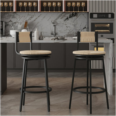 Tabourets de bar blanc crème avec comptoir pivotant et cadre en métal, ensemble de 2 tabourets de bar en corde de papier tissés à la main pour comptoir de cuisine (blanc crème)