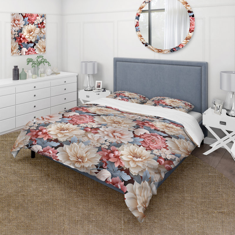 Ensemble de housse de couette romantique blanc et rose Floral Symphony I, Housse de couette simple + 1 taie décorative stan
