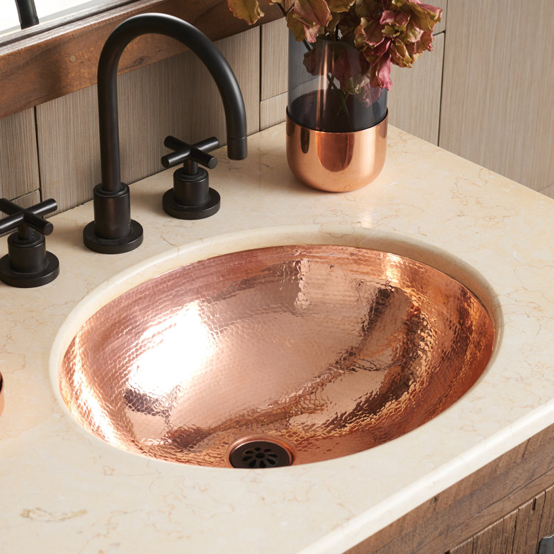 Copper Hand Hammered Oval Undermount Bathroom Sink, Polished Copper
