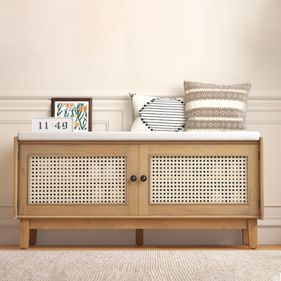 Entryway Bench with Storage, Cushioned Shoe Bench with Double Doors