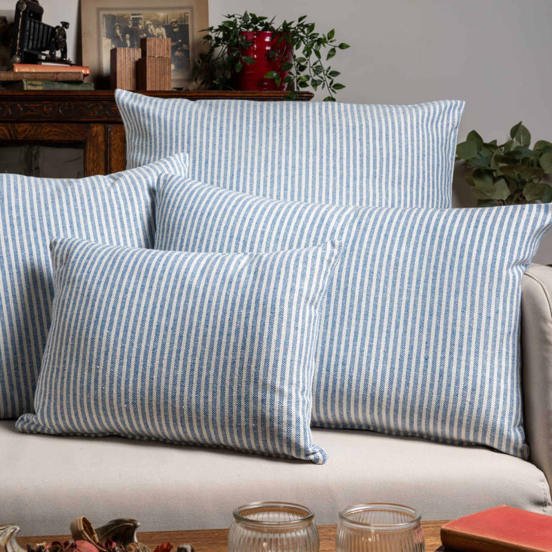 Woven Ticking Stripe Cushion in Soft Blue, Synthetic filled, 43x30cm