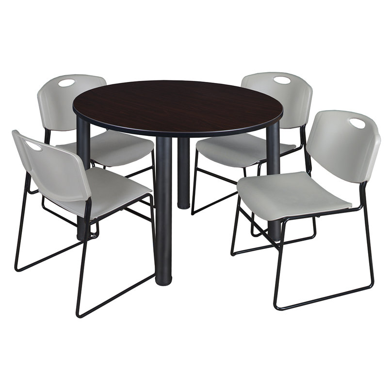 Plateau de table Kee, 4 chaises empilables, Noir, Cerisier