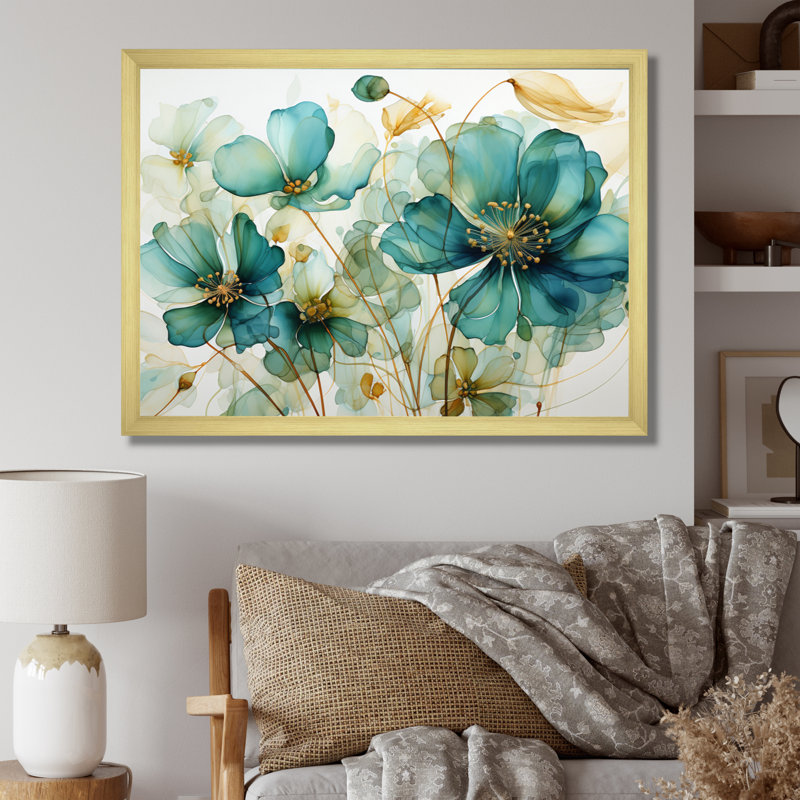 «Teal Green Organic croissance - Abstract Botanicals», art mural, H 16 po x l 32 po x P 1 po, Cadre doré simple