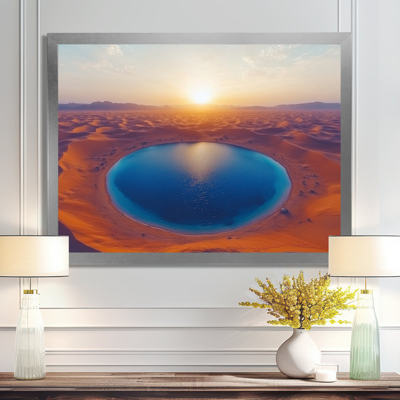 Une vue aérienne de l'oasis du désert du Sahara II - art mural désert, H 24 po x l 32 po, Cadre simple, Argent argent