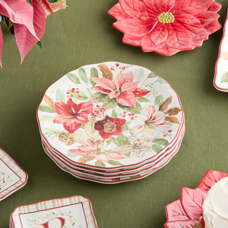 Winter Blooms Set of 4 Holiday Dinner Plates – 11" Romantic Ceramic Christmas Plates with Poinsettia & Evergreen Design – Microwave & Dishwasher Safe Floral Dinnerware for Festive Dining