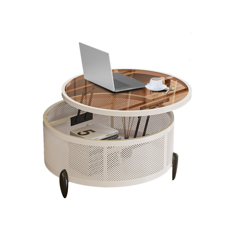 Table basse ronde avec plateau relevable et fonction de rangement, Blanc, Brun transparent
