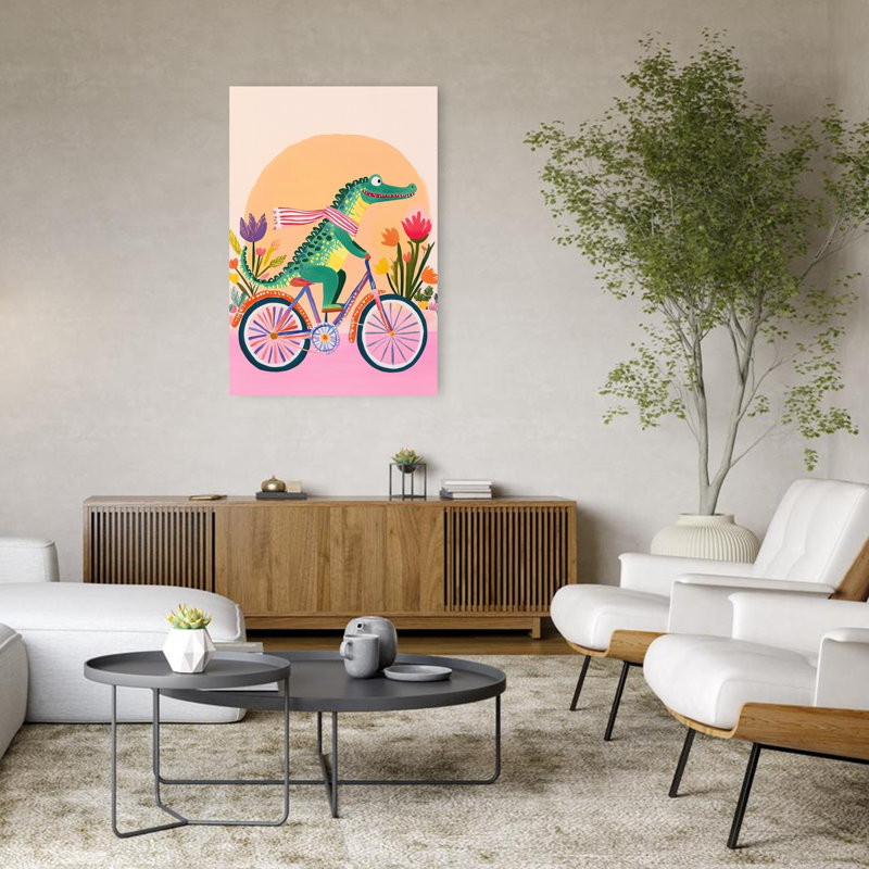 Happy Alligator Bike Ride Alligator Crocodile Flower Wall Art Print 1 Piece Wrapped Canvas Wall Art, 121.92cm H x 81.28cm W