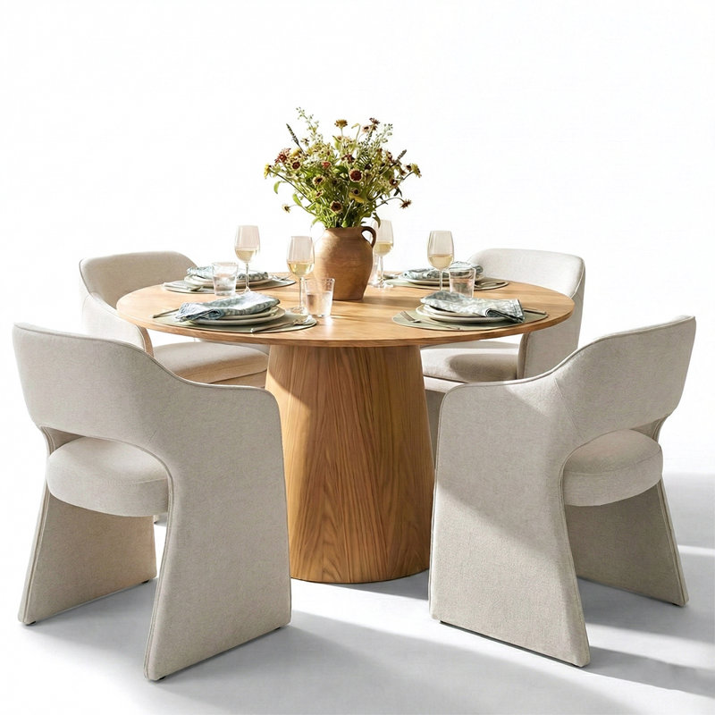4 - Person Dining Table Sets With Round Table & 4 Upholstered Fabric Chairs, Beige