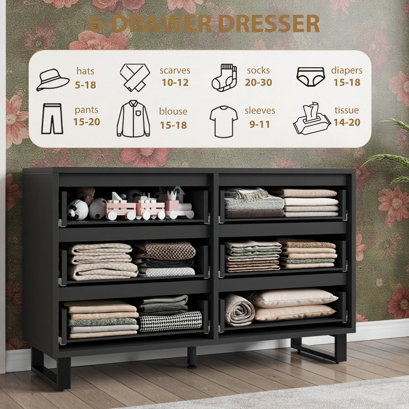 Commode 6 tiroirs en bois avec rangement, 47,2 po, Noir