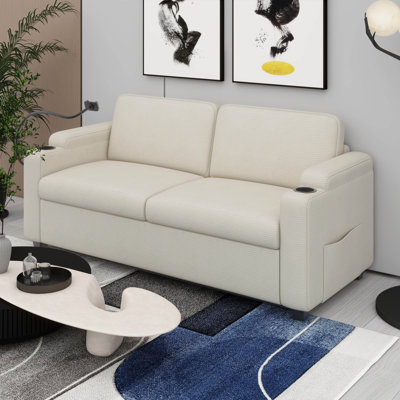 Canapé-lit en velours côtelé avec matelas pleine grandeur, futon avec ports USB | Porte-téléphone et porte-gobelets | Poches latérales