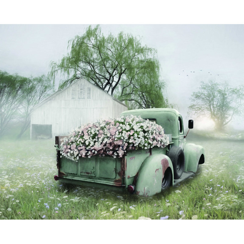 " Sage Green Truck With Blush Petunias ", Wrapped Canvas, No Frame, 24" H x 32" W