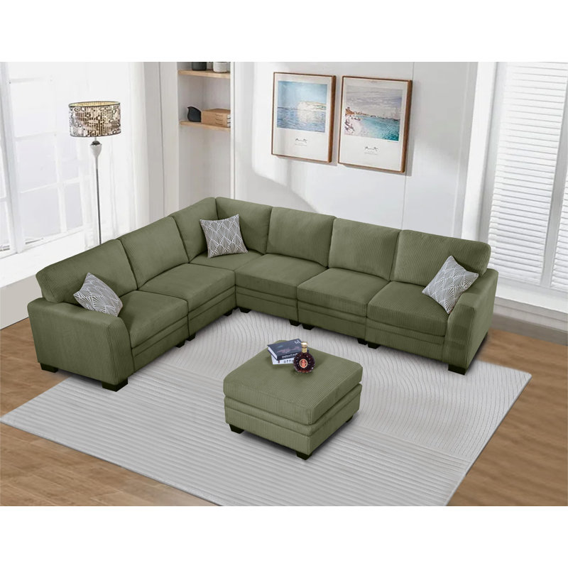 Canapé modulaire 7 pièces à compression, Velours côtelé vert