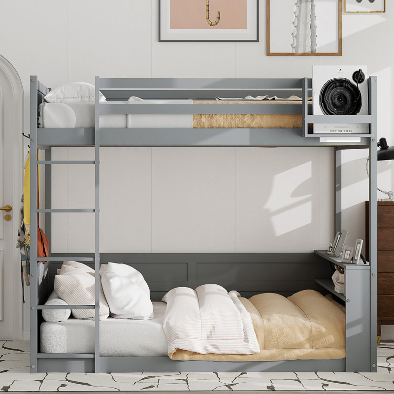 Lit superposé en bois avec tablettes intégrées, gris