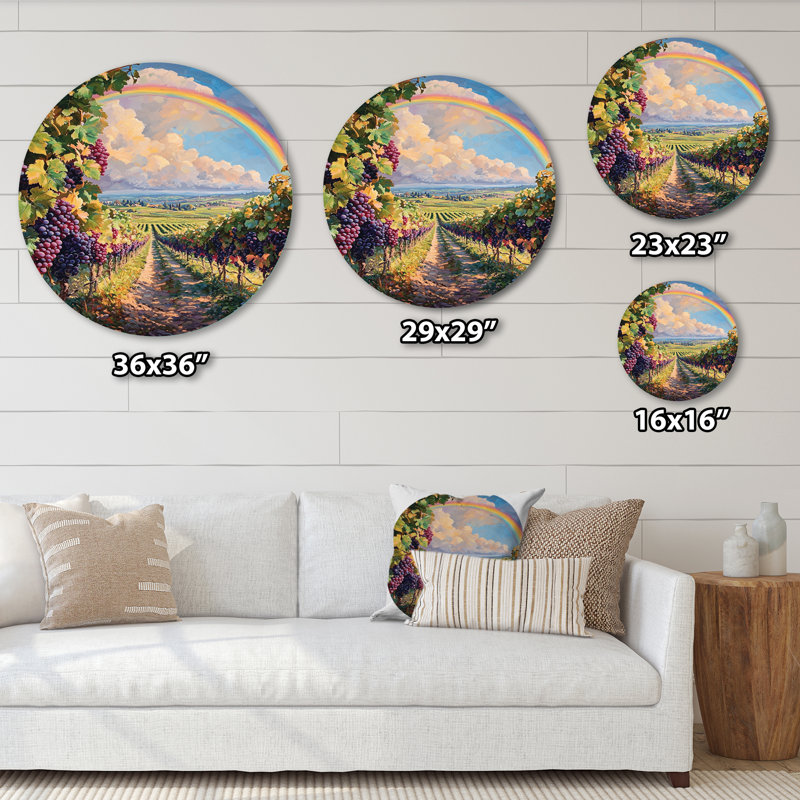 Arc-en-ciel au-dessus des vignes - art mural rond en métal arc-en-ciel pour le salon, H 23 po x l 23 po
