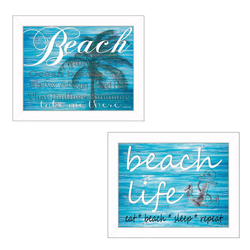 "Beach Life Collection" 2 pièces par Cindy Jacobs, reproduction d'art mural, affiche prête à accrocher, cadre blanc
