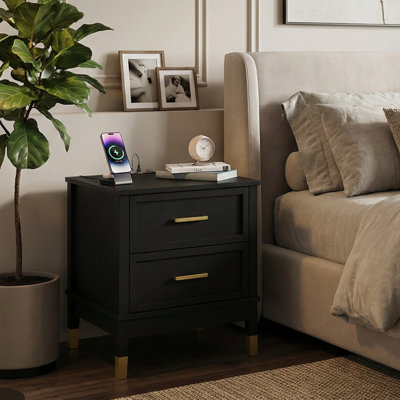  Table de chevet 2 tiroirs avec station de charge Walter, table de chevet avec tiroirs de rangement, table de chevet pour chambre à coucher, table de bout ou table d'appoint pour le salon, P 15,5 po x l 18,7 po x H 21,7 po, noir