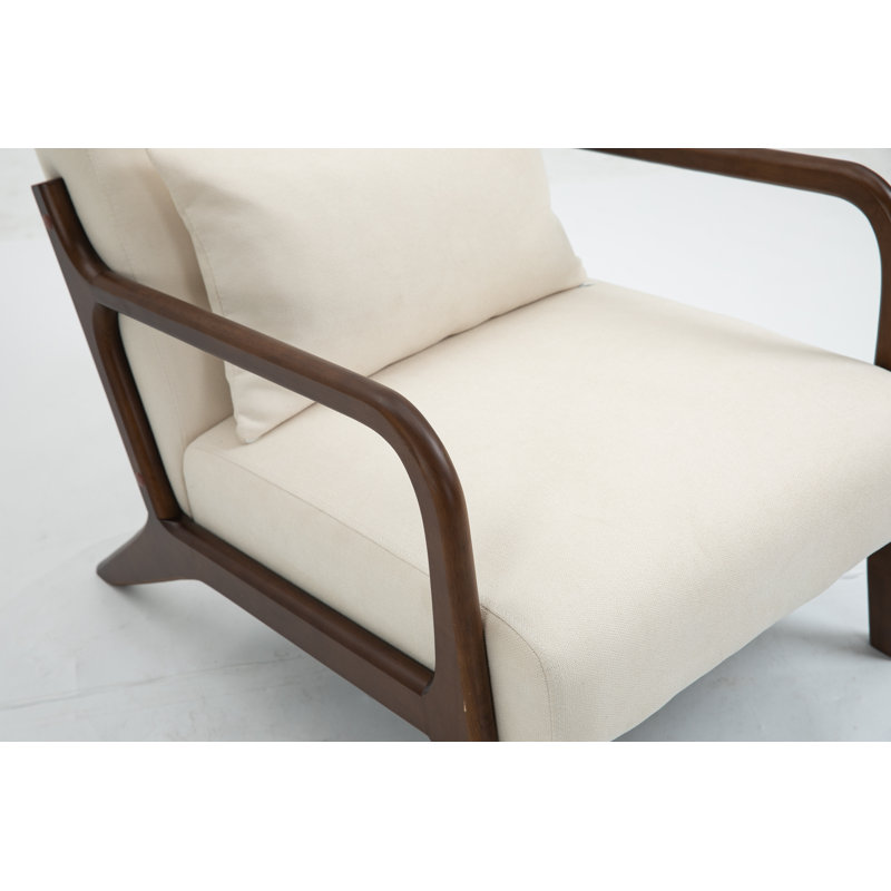 Fauteuil d'appoint moderne du milieu du siècle avec structure en bois massif, revêtement en lin et coton et coussin lombaire, blanc antique