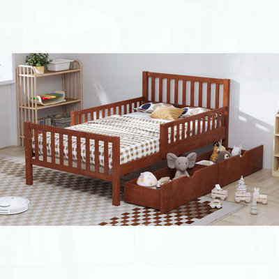 Twin Wood Platform Bed with Guardrails and 2 Storage Drawers